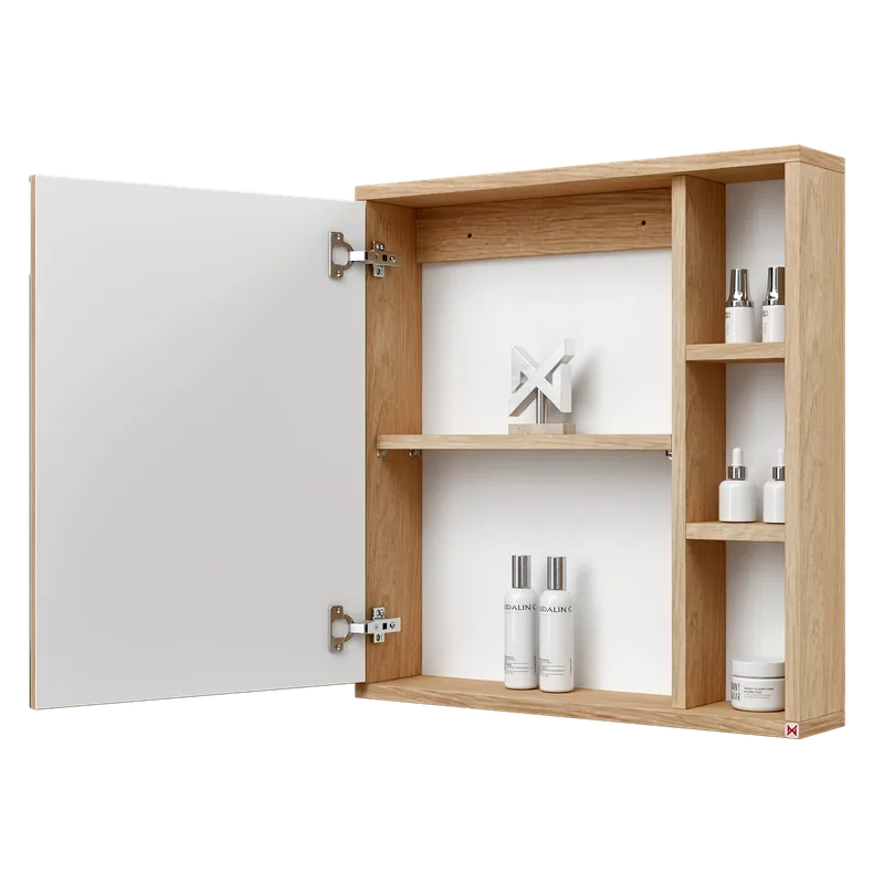 Botiquín con espejo 60×63 · Hickory — vista abierta