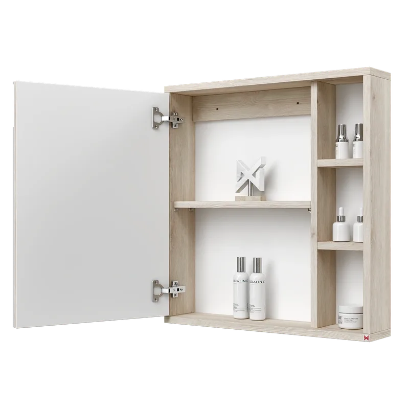 Botiquín con espejo 60×63 · Pino Aland Blanco — vista abierta