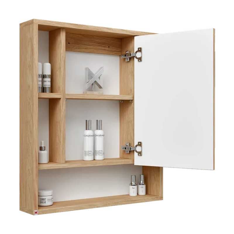 Botiquín con espejo 60×70 · Hickory — vista abierta