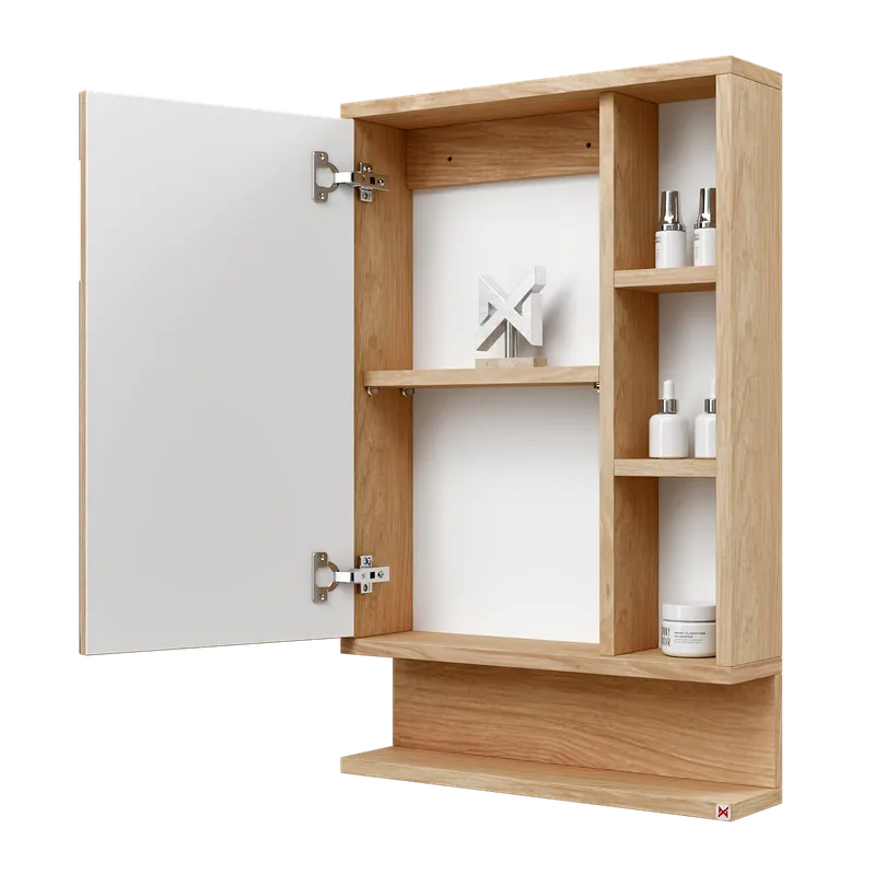 Botiquín con espejo 78×50 · Hickory — vista abierta