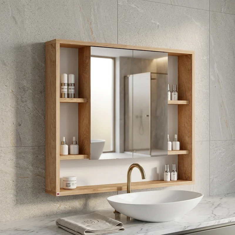 Botiquín con espejo 80×70 · Hickory — en ambiente
