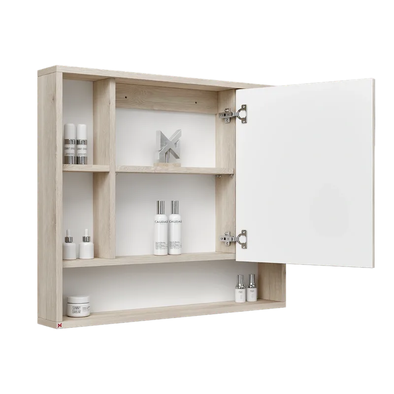 Botiquín con espejo 80×70 · Pino Aland Blanco — vista abierta